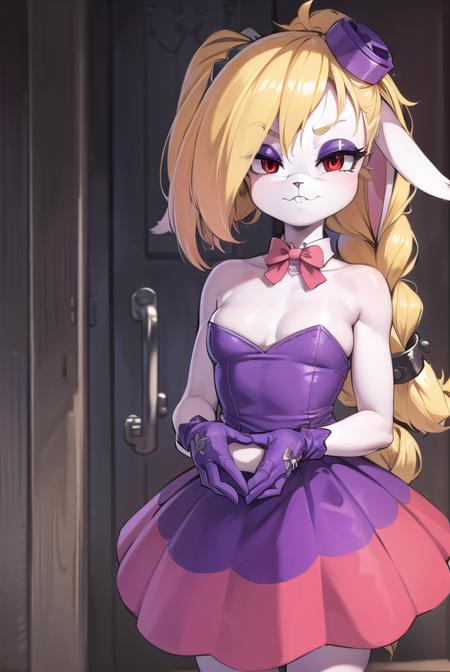 hariet, long hair, blonde hair, (red eyes:1.5), animal ears, braid, rabbit ears, eyelashes, makeup, rabbit girl, animal nose, buck teeth, pink eyeshadow, eyeshadow, furry female, furry, hair ornament, gloves, dress, bow, bare shoulders, bowtie, strapless, fishnets, purple dress, furry, purple footwear,