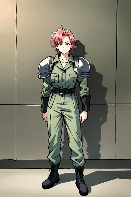 sarahsirenwhite armor,shoulder pads,pauldrons,uniform,jumpsuit,military uniform,pink hair,short hair,boots