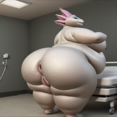 obese, female, Axolotl, patient gown, white skin