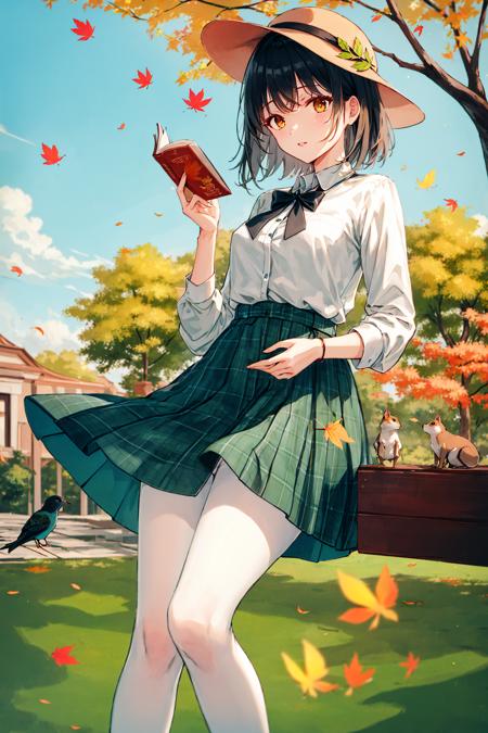 autumn, autumn_leaves, book, falling_leaves, ginkgo_leaf, leaf, maple_leaf, open_book, 1girl, holding_book, holding_leaf, against_tree, hat, leaves_in_wind, yellow_butterfly, solo, butterfly, skirt, bug, leaf_on_head, tree, short_hair, shirt, reading, pantyhose, red_skirt, sitting, bird, plaid, white_shirt, black_legwear, holding, leaf_background, outdoors, beret, ribbon, orange_flower, dragonfly, medium_breasts, yellow_sky, looking_at_viewer, red_headwear, bookmark, open_clothes, black_hair, orange_theme, squirrel, acorn, brown_hair, animal, white_butterfly, on_ground, bow, collared_shirt, under_tree, long_sleeves, feathers, day, branch, bangs <lora:style_Hiten_3.0:0.8>