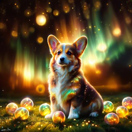 morph-aurora, dark, chiaroscuro, low-key, breathtaking masterpiece showcasing a gorgeous Pembroke Welsh Corgi puppy, bathed in soft, golden morning light, surrounded by vibrant bokeh balls that frame its delicate form. <lora:aurora_0_100_V1-000009:1>