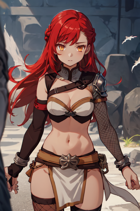 Vennessa, 1girl, solo, long hair, red hair, fishnet thighhighs, navel, midriff, cleavage, medium breasts, orange eyes, braid, belt, elbow gloves, chain, shoulder armor, , single thighhigh, asymmetrical legwear, cuffs, shackles, pelvic curtain, loincloth, single pauldron, 