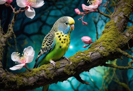 In a mystical forest, 
a budgie adorned with delicate blooms perches on a gnarled branch. Goblins flit about, 
their mischievous eyes reflecting an otherworldly glow. The dramatic lighting captures this magical tableau, 
where nature and magic intertwine