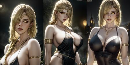 masterpiece, best quality, highest quality, 
1girl, breasts, jewelry, hair over one eye, dress, bracelet, blonde hair, black dress, long single braid, large breasts, ring, circlet, necklace, armlet, looking at viewer, lips, yellow eyes, bare shoulders, parted lips, hair ornament,
outdoors, (night:1.3), scared, landscape, castle far away, gloomy fog in the forest at the background,
cinematic lighting, (volumetric lighting), extremely detailed CG unity 8k wallpaper, focused, 8k wallpaper, 4k wallpaper, extremely detailed, ultra realistic, photorealistic, sharp focus, absurdres, (HDR:1.2), (high contrast), photograph, detailed and intricate, instagram, portrait, highly detailed, digital painting, artstation, concept art, smooth, sharp focus, illustration,, (epic realistic, hdr, luminous, intricate details, hyperdetailed, cinematic, rim light)
 <lora:_Queen_Marika-000007:0.7>