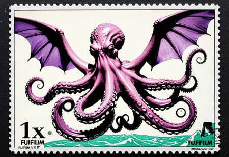 Fujifilm XT3,stamp,energy flow,Barney the Dinosaur,acne,astragalus,norman rockwell style,((energy wings like tentacles of a octopus)),tits out,singer,personalism