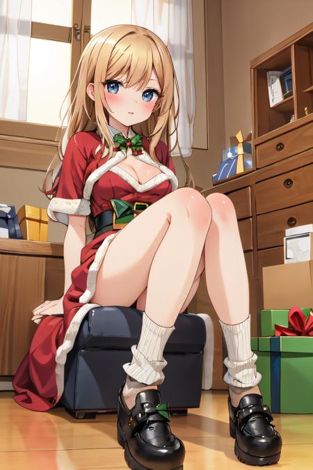 (best quality,  masterpiece),  1girl,  22 years old,  cute girl,  shiny body,  shiny skin,  (Christmas costume,  medium breasts),  indoors,  sitting,  christmas stage, (wearing grey loose socks),  grey heaps socks, (MaryJane shoes), 
BREAK
super detailed skin,  beautiful detailed eyes,  perfect arms,  perfect hand,  perfect finger,  perfect legs,  full-body shot, 
highly detailed beautiful face and eyes, heaps socks, Rosy complexion,<lora:EMS-12225-EMS:-0.300000>,<lora:EMS-230768-EMS:0.600000>,<lora:EMS-247015-EMS:0.800000>