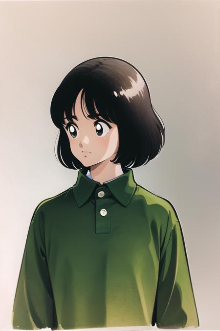 solo, 1girl, black hair, shirt, simple background, white background, upper body, sweater, collared shirt, black eyes, white shirt, green sweater, medium hair, long sleeves, traditional media, looking to the side, green shirt,  <lora:Adachi_v2:0.8>,