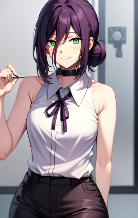 (((masterpiece))), ((best quality)), Reze, green eyes, purple hair, white collared shirt