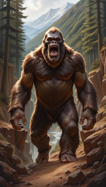 8K,absurdres,very aesthetic,masterpiece,highly_detailed,best_quality,newest,forest,<lora:Sasquatch_-_Yeti_-_Bigfoot_ILLUSTRIOUS_Hairy_Ape_Man-000009:0.8>,wide shot,sasquatch,cliff,mountains,solo,no humans,barefoot,facing viewer,open mouth,brown eyes,realistic,