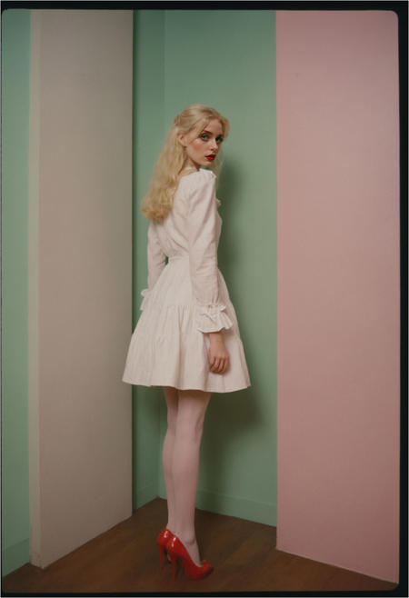 The scene is a dark academia library, bookshelf, indoors. A skinny egirlmakeup 4ng3l face woman stands alone and glowing. The scene is captured on Polaroid and Hasselblad 120mm medium format film, giving it a dreamy, nostalgic quality. The woman, who appears to be around 21 years old, is petite with long legs and porcelain skin. She is dressed in a random outfit and tall high-heel shoes. Her clothes are frilly and feminine, and her long blonde hair cascades down her back in loose waves. Her lips are painted a glossy red, and her eyes are framed by realistic dark mascara. Worried expression. Seafoam-green and pastel-pink colored smoke,  <lora:detailed_hands-000007:0.8>