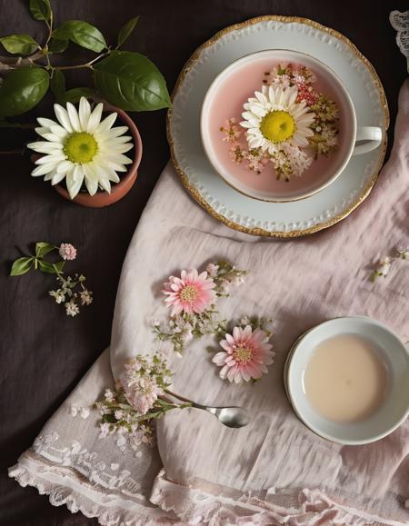RAW photo, subject, 8k uhd, dslr, high quality, film grain, Fujifilm XT3, professional photo, (detailed skin:1.3), high quality, <lora:Floral_Academia:0.8> , floral academia style, floral academia, (floral academia scene), book, sunlight, floral academia still life, tea, brown, dark, potted plant, sitting, from above, pink eyes, lace, tablecloth, fruit,