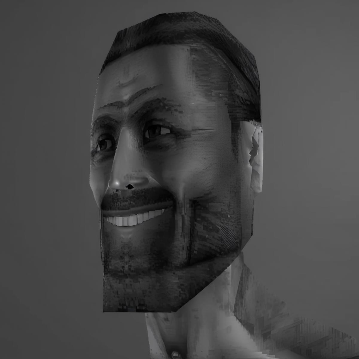 A 3D model of a smiling man with a beard and mustache.