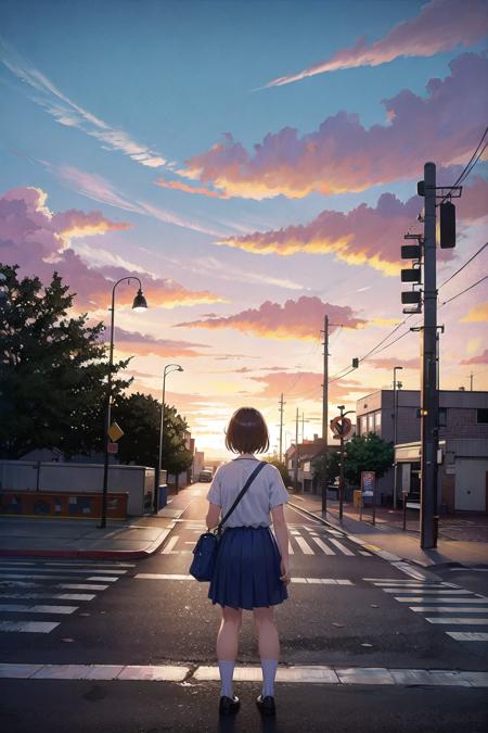 noctiluca, 1girl, sky, solo, cloud, outdoors, school uniform, scenery, skirt, lamppost, power lines, road, short hair, bag, tree, black hair, building, street, utility pole, sunset, blue skirt, sign, shirt, socks, road sign, serafuku, white shirt, evening, short sleeves, cloudy sky, contrail, school bag, standing, house, from behind<lora:noctiluca:1>