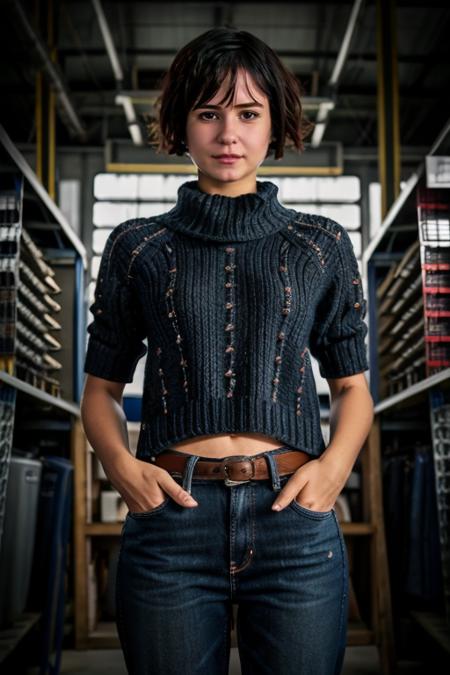 K1873W in a hardware shop, drills, mechanical, jumper, jeans <lora:KW3:1> masterpiece, best quality, detailed face , 1girl, realistic, solo,k1873w, short_hair, black_hair