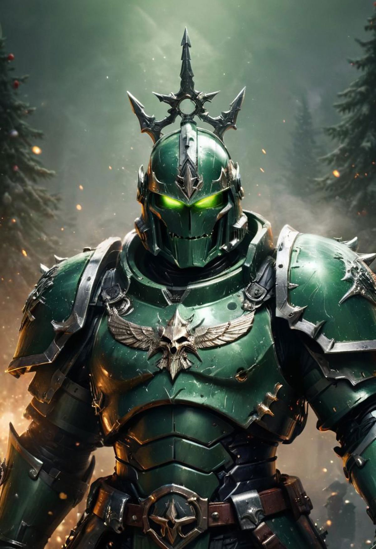 A green warrior wearing a metal helmet with spikes on his head.