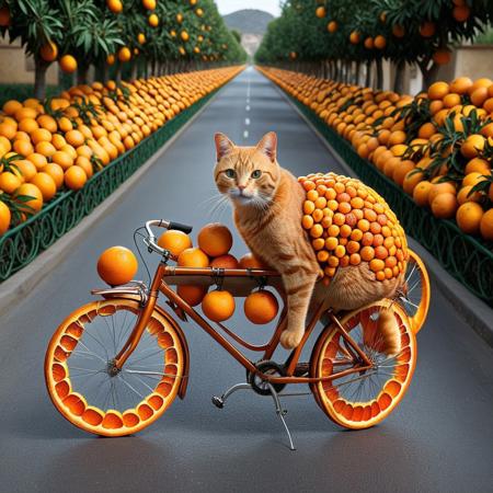 Cinematic , cinematography , photography , masterpiece , best quality , 
a cat made of oranges driving a bicycle trough a road of oranges