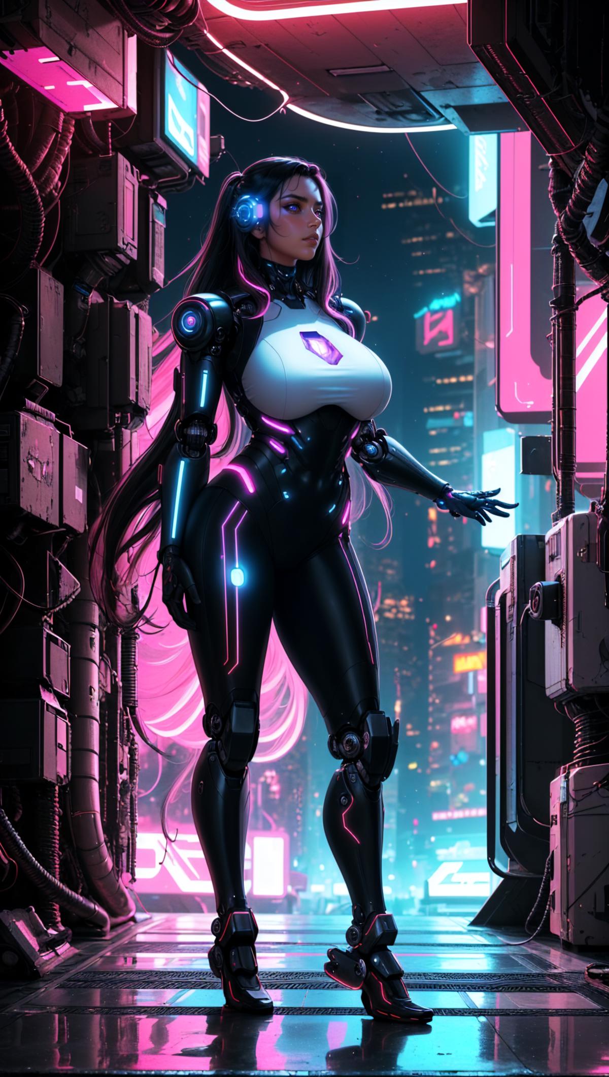 Pink and Purple Anime Cityscape with a Robotic Woman.