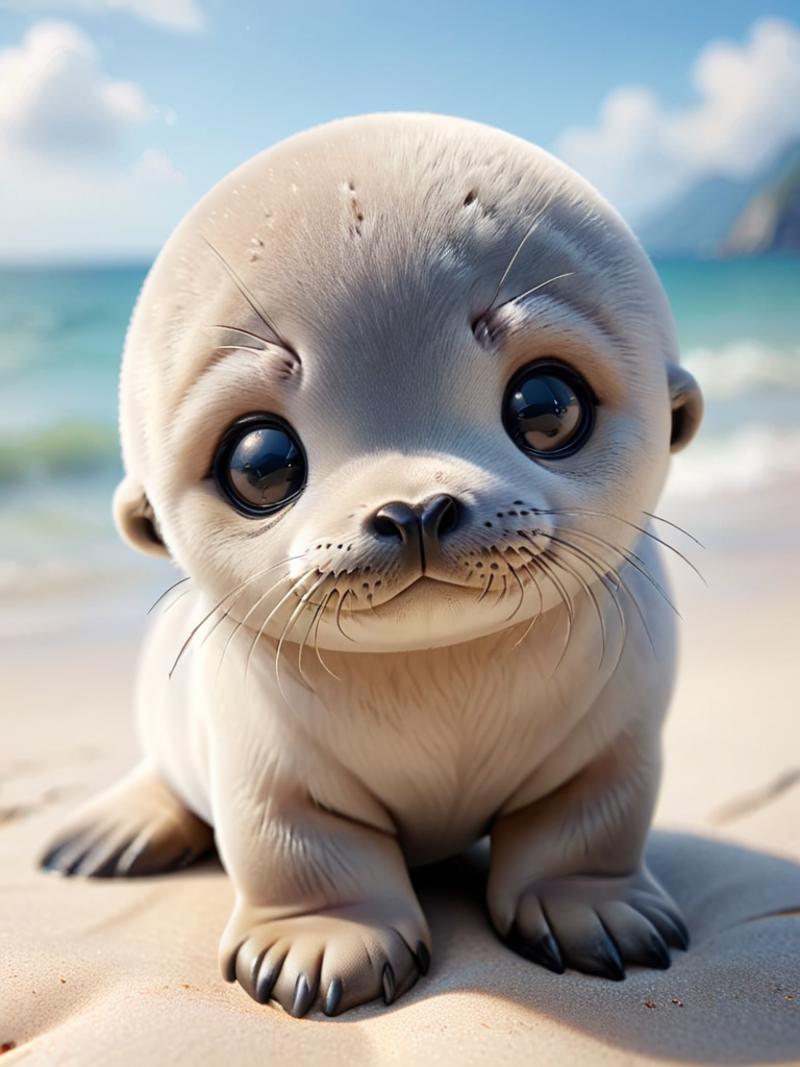 Adorable Seal Pup with Big Eyes Looking Sad on the Beach