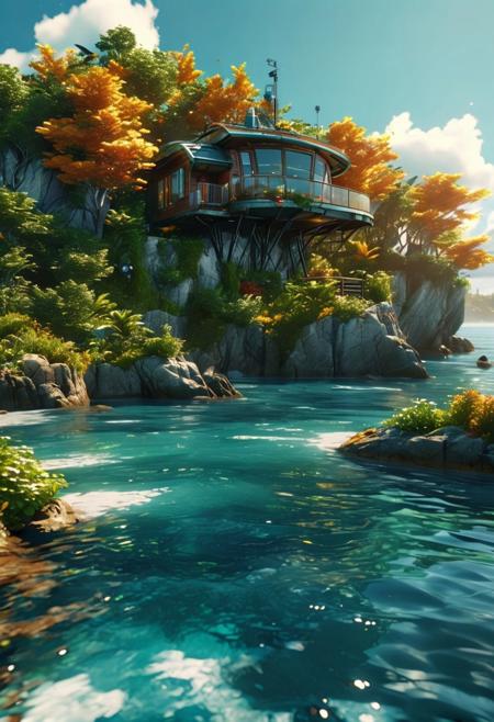 (ultra high res:1.4), (masterpiece), (beautiful lighting:1.4) ,coastline greenery, coastal water, forest, cozy tehcnologically advanced homes and cabins, spaceship flying overhead, sunlight illuminates the icy water, (deep underwater), anime, above water, (clear underwater), beautiful sky with clouds,  depth