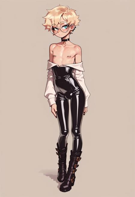 Score_9, Score_8_up, Score_7_up, 1 femboy, anime, hentai, formal art, light skin, mexican break, blonde hair, very small breasts, flat chest, boxy figure, round glasses, makeup, casual clothes, loose blouse, blouse shot Bottoms, pierced nipples, freckles, thin, simple background, 8K details, full body display, boots latex