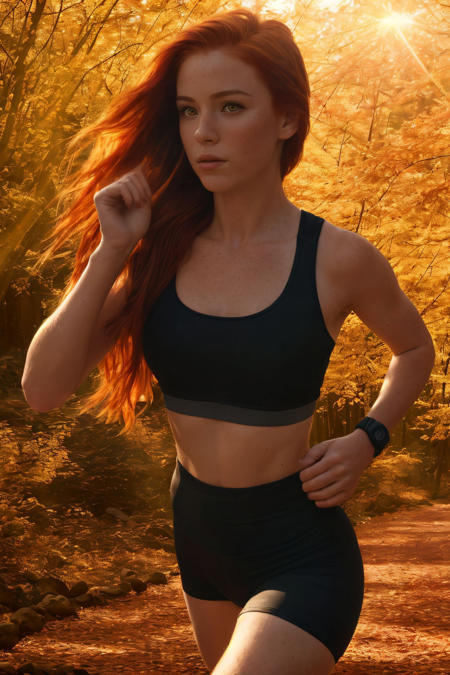 Close-up shot of a stunning athletic red-haired girl running on a scenic dirt trail in a serene autumn forest drenched in golden sunlight, vibrant orange and red foliage, warm golden rays filtering through the tree canopy, her flowing, vibrant red hair catching the golden sunlight. Freckles scattered across her glowing, realistic skin, wearing a sleek black athletic outfit, exuding health, confidence, and determination. The soft warm light creates a magical, cinematic atmosphere with a soft path blanketed with fallen leaves, immersive natural lighting, high detail and realism, peaceful and tranquil atmosphere, photorealistic. The image features sharp details, lifelike textures, and vibrant colors