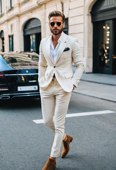 street style photo, full body, beautiful man, 30 years old,  Classic Fashion, luxurious outfit