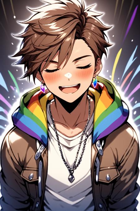 Niji Pride,  solo,  smile,  short hair,  open mouth,  brown hair,  shirt,  1boy,  jewelry,  jacket,  closed eyes,  white shirt,  upper body,  male focus,  earrings,  open clothes,  teeth,  dark skin,  hood,  necklace,  bracelet,  open jacket,  muscular,  ^_^,  facial hair,  dark-skinned male,  thick eyebrows,  hood down,  pectorals,  muscular male,  bara,  hooded jacket,  beard,  mature male,  hand on own head,  rainbow, <lora:EMS-51678-EMS:0.800000>