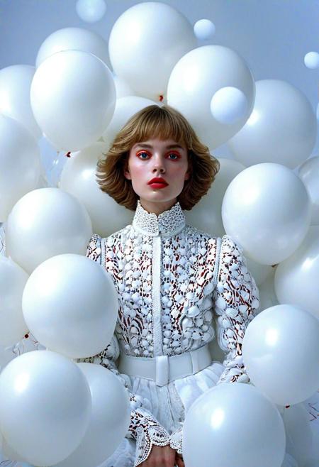 fashion portrait photo of beautiful young woman from of a ton of white balloons, taken on a hasselblad  iconoclastic pinnacle of creativity with intricate details, (cadmium red and electricblue colors:0.1),(looking at the viewer), (Francis Drake : 1,2) ((best quality)), (artistic photography by Philippe Halsman and Ara Gler:1.2), (bubblegumpink and striped colors:0.1), <lora:MJ52:0.65>
(Ethel Warwick:1.3), modelshoot, pose, , (Ethel Warwick: 1,2) award winning photo macro shot of a beautiful young woman lying , , dynamic lighting, cinematic still, pale skin, screencap, 100mm f/2.8 macro lens, on the knees)(((dynamic pose:1.2),(dynamic camera),(amateur photo:1.3,art retouch,, ),
full body, battle stancevibrant, neon colors, , highly detailed,byJocelyn Hobbie and Charles Dwyer, Triadic color guide,Leica Q2 with Summilux 28mm f/1.7 ASPH, ,clear face, Ultra High Resolution, wallpaper, 8K,Rich texture details, hyper detailed, detailed eyes, detailed background, dramatic angle, epic composition, SimplepositiveXLv1 (masterpiece, high quality, fisheye:1.2), solo, model photoshoot, (black theme:1.1), a stylish girl,