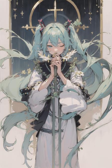 <lora:Tarotv0.1:0.9>, tarot card, hastune miku