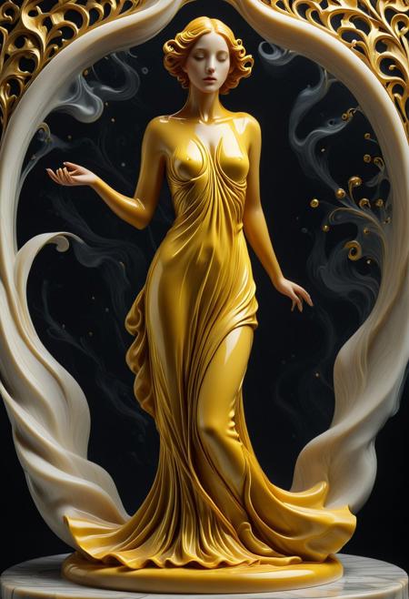 liquid marble,
A figure wrapped in flowing, golden fabric, their face softly rendered in an Art Nouveau haze, but with the expressive, rounded stylization of character designs.