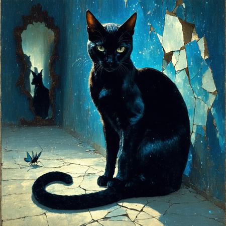 A midnight-hued feline arcs its spine like a storm-swollen wave, dominating a low-angle perspective in a fractured parlor room. Franz Marc’s expressionist tension electrifies the scene: smoldering amber walls bleed into cobalt shadows, while a shattered mirror splinters light into prismatic shards that cling to the cat’s silk-furred flanks. Chiaroscuro carves its pupils into twin supernovas, casting elongated claws that gouge velvet-upholstered chaos. The air hums with static, charged by the creature’s coiled stillness, as a single moth—translucent wings etched with bioluminescent veins—hovers near its twitching ear, caught between predation and reverence.