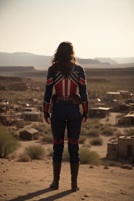 cinematic film still captain carter at desolate, ghost town in the desert, full body shot from behind <lora:Captain_Carter_XL:0.8> . shallow depth of field, vignette, highly detailed, high budget Hollywood movie by damien chazelle, bokeh, cinemascope, moody, epic, gorgeous, film grain, grainy