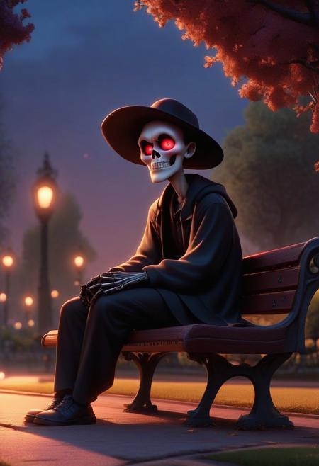 score_9, score_8_up, score_7_up, score_6_up, city park, dusk, evening, standing, Toon Reaper, red glowing eyes, sitting on park bench,