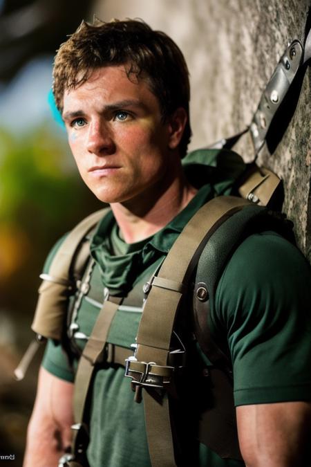 a man in an adventure film, candid shot, amateur, upper body up, perfect face, clear eyes, raw, 8k, uhd, cinematic lighting, a dark night, <lora:joshHutcherson:1>