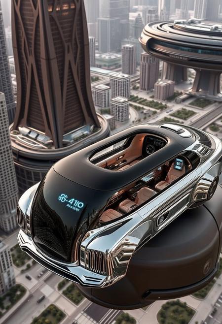 YFG-R1gs, A luxurious, self-driving limousine, its polished chrome body reflecting the opulent surroundings of a floating city, glides smoothly through the air. The limousine's interior is a haven of comfort, with plush seating, holographic entertainment systems, and a fully stocked bar. The vehicle's advanced AI anticipates traffic patterns and ensures a safe and efficient journey. The surrounding floating city is a marvel of engineering, with towering skyscrapers, lush gardens, and advanced transportation systems.