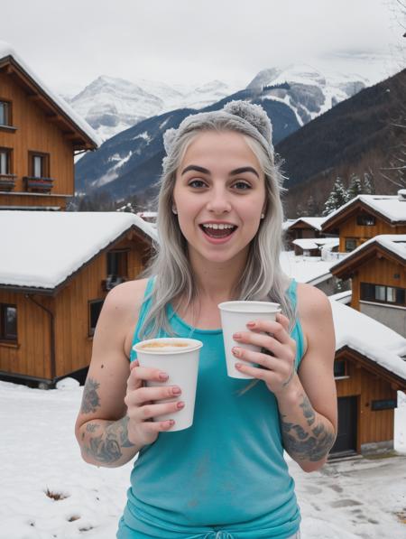 Hyper realistic photograph,  film grain, Kodak portra 800, f1.8, beautiful tattoed girl with silver hair wearing tank top holding a to-go cup in front a snowy swiss landscape, there are a few of houses and restaurant, winter, pigmented eyebrows, wide nose, wide mouth (high detailed skin:1.2, rough texture, long shot)