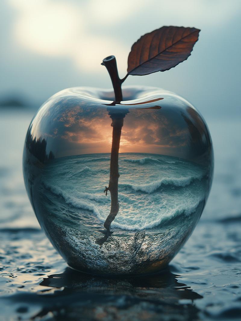 lovely double exposure image by blending together a stormy sea and a glass apple. The sea should serve as the underlying backdrop, with its details subtly incorporated into the glossy glass apple, sharp focus, double exposure, glossy glass apple, (translucent glass figure of an apple) (sea inside) lifeless, dead, glass apple, earthy colors, decadence, intricate design, hyper realistic, high definition, extremely detailed, dark softbox image, raytracing, cinematic, HDR, photorealistic (double exposure)