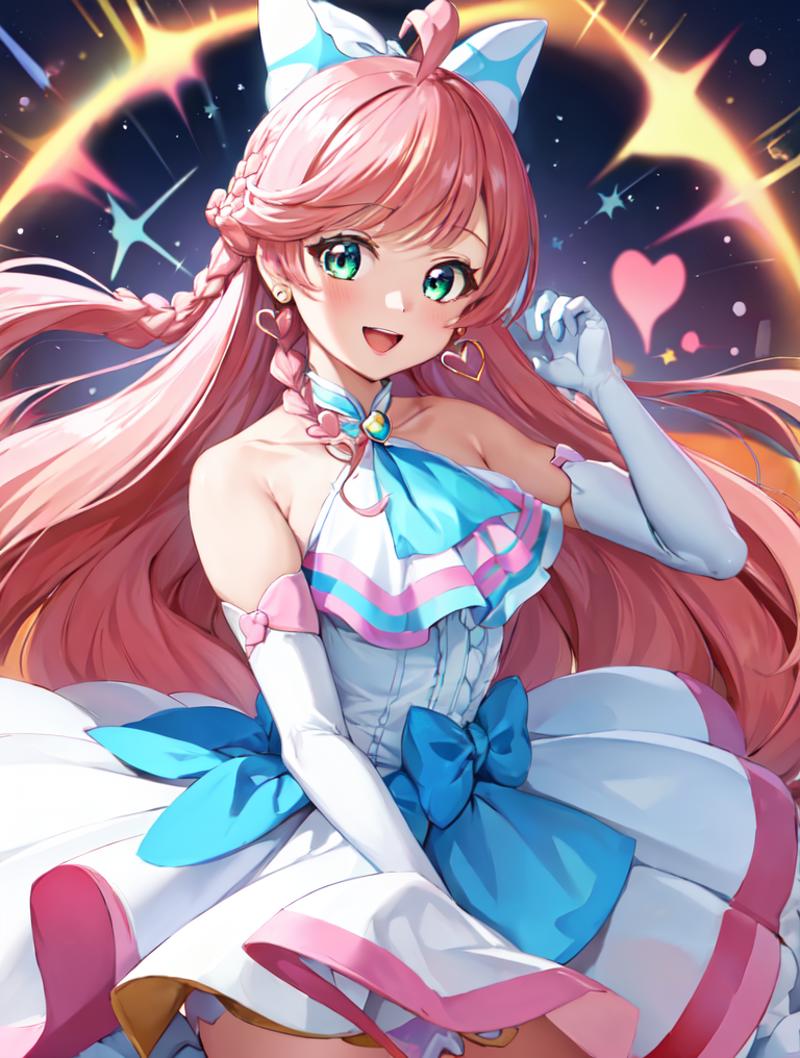 Anime Character with Pink Hair, Blue Bow, and White Dress.