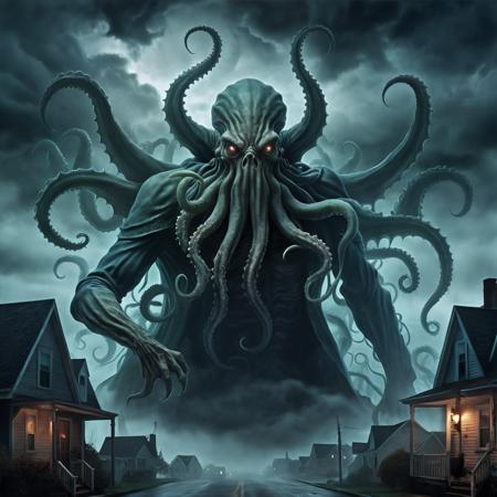 misty, cloudy sky, cthulhu rising from heavy cloud and for and can be barely seen, ruler of the demons, ominous night mist, davy jones with tentacles, dark neighborhood, the most epic, banshee,