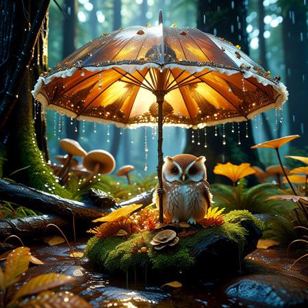 In the hushed stillness of a temperate forest awash in silken rainfall, a diminutive avian ambassador presides regally amidst the undergrowth. Sheltering beneath the flared umbrella of a burnished russet agaricus, the petite owlet surveys its aqueous kingdom with a gaze equal parts wise and winsome. Downy plumage of tawny and ivory hues ruffles subtly in the breeze-borne kisses of precipitation, each filament dewdrop-laden and luminous. Gossamer wisps of vapor curl sensually around the fungal pedestal, softening edges and lending an ethereal nimbus to the tableau. Beyond the immediate sanctuary, the woodland murmurs with the susurrus of falling water, leaves and needles acting as thousands of percussive instruments in a symphony composed by the elements themselves.
made of Petrified Wood, 
3d-rendering, concept-art, digital, dreaminess, futuristic, multimedia, virtual-reality, 
eeriness, fantasy, other-worldliness, science-fiction, surreal, 
colorful, sci-fi style, technological, alien worlds, space themes, advanced civilizations, 
best quality, masterpiece, aesthetic, intricate details, highly detailed, ultra-detailed, absurdres, unreal engine, octane rendering, high contrast, vivid, vibrant, volumetric lighting, sharp focus, 
ObsidianSand