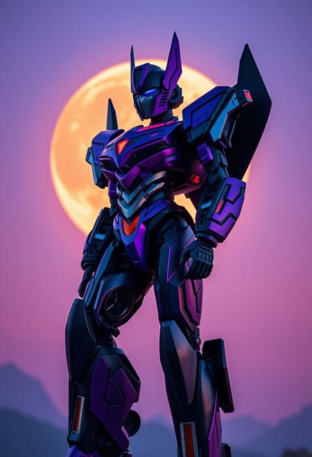 Female Robot, Purple and black Soundwave transformer full body cinematic photograph with an orange and blue synthwave moon background. Slightly turned. Dragon theme.