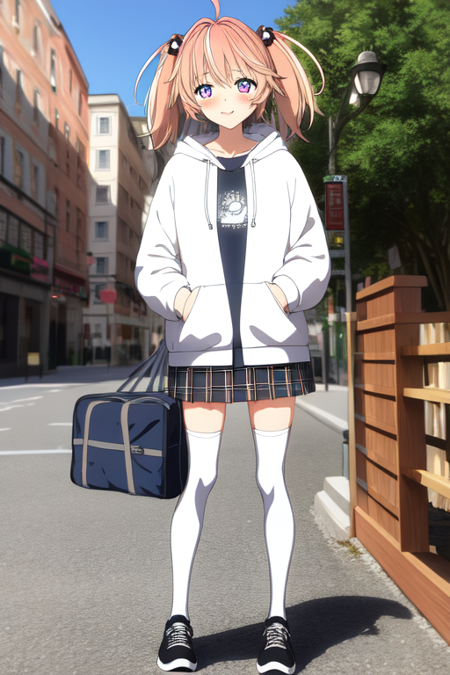 rinne, standing, outdoors, bag, thighhighs, plaid, plaid skirt, shoes, hoodie, hood down