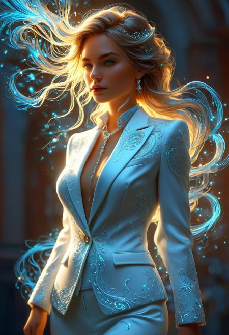 A stunning, high-quality, and masterfully crafted image portrays a woman dressed in stylish business attire, skillfully created using a combination of photo, illustration, 3D render, and painting techniques. Her delicate features are bathed in vibrant, ethereal light, which accentuates the smooth lines and the intricate interplay of light and shadow. The intricate details and subtle accents on even the smallest elements generate an aura of depth and captivation. The light effortlessly caresses her, unveiling hidden meanings and imbuing the already enchanting image with an enigmatic allure.