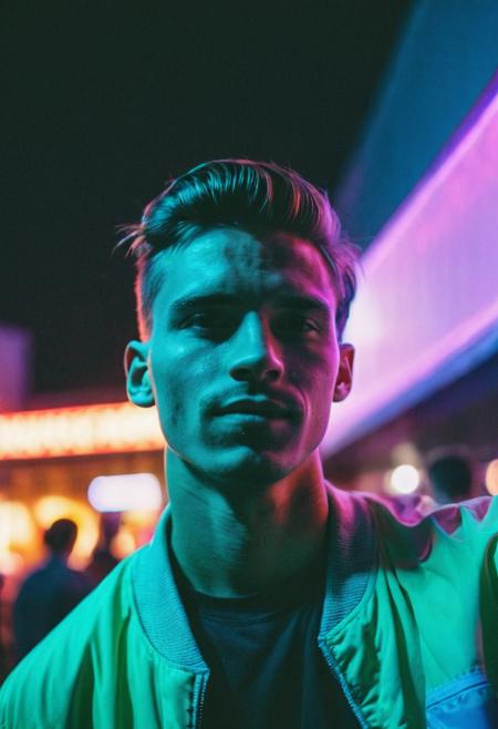 go pro photo, half body,1man, 25 y.o. , night , low andle, bright clothes 90's, grainy photo, analogue glitch effect, neon light, party