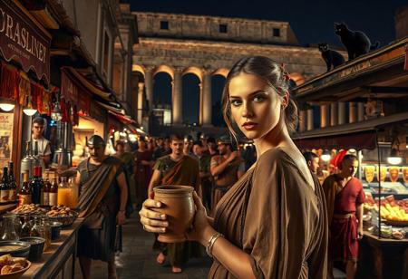 Setting is a 1st century Roman Empire market in Rome at night, the market is comprised of street vendors selling, food, weapons, and clothing. Everyone and everything in the image is appropriate for a scene from Ancient Rome, People wearing Roman clothing are walking through the street market shopping and eating, in the foreground is a merchant selling beverages and food at a market kiosk, (((a beautiful woman, 24 years old is standing in the foreground, the woman  facing the viewer with a clay goblet of wine in her hand. Her eyes are beautiful and focused on the viewer, she has an expression of interested curiosity))), Roman Soldiers are walking behind the beautiful woman, one of the solders turns to look at the beautiful woman, many people are walking by in the busy street market, the woman is dressed in high fashion Roman Empire clothing with an alluringly sexual, but traditional roman aesthetic. The woman's hair is elegantly tied up with a ribbon. Artistic ancient Roman aesthetic, dynamic perspective, (((overall architectural aesthetic is Ancient Rome in 1st Century Roman Empire era))).  Epic image that elicits a feeling of wonder and awe, Rome Coliseum Roman Forum architecture in background, a sleek black cat is visible sitting on a kiosk roof in the background,