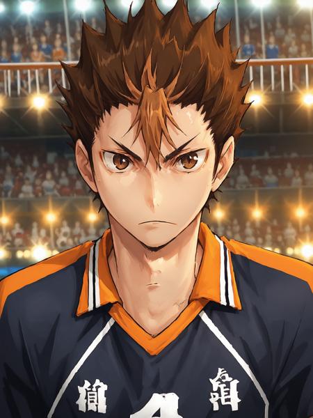 yuu nishinoya, 1boy, male focus, sportswear, solo, volleyball uniform, black hair, brown eyes two-tone hair, brown hair black feathered wings