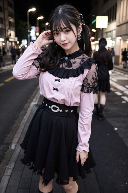 realistic, photorealistic, masterpiece, best quality, 1girl, solo, standing in street, night, looking at viewer, smile, jiraikei shirt, jiraikei skirt, black frilled socks,<lora:jiraikei_v1:0.7>,  <lora:JapaneseDollLikeness_v15:0.7>