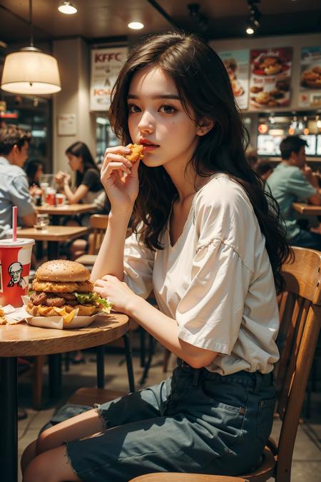 food,french fries,solo focus,restaurant,eating,cup,sitting,black hair,long hair,blurry,indoors,burger,depth of field,disposable cup,1girl,holding,multiple boys,chair,table,drinking straw,black eyes,multiple girls,faceless,blurry background,drink,pov across table,tray,kfc,realistic,
((((masterpiece)))),((((highly detailed)))),[[[realistic art]]],<lora:kfc:0.5:lbw=OUTALL>,