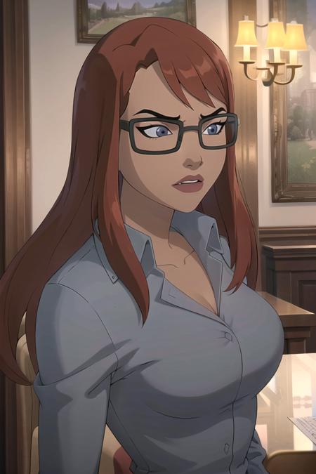 masterpiece, best quality, 1girl, solo, highres,  <lora:CARTOON_DC_batgirl_ownwaifu:0.8>, scenery, 
CARTOON_barbara_ownwaifu,www.ownwaifu.com,long hair,shirt,glasses,red hair,collared shirt,blue eyes,black-framed eyewear,bangs,breasts,under-rim eyewear,semi-rimless eyewear,