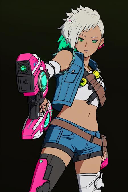 white hair, green hair tips, art, 4k, HDR,  full body, 8k,  pink prosthetic left leg, detailed eyes, (black background:1.2), keep pink gun on hand, blue jacket, white panties,